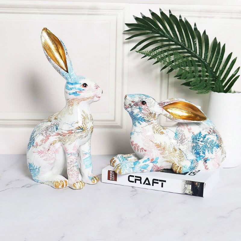 Floral Painted Bunny Statue